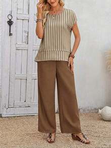 Conjunto de 2 piezas de top y pantalones de unicolor casual de vacaciones para mujer - Caqui 2 - Ver 5