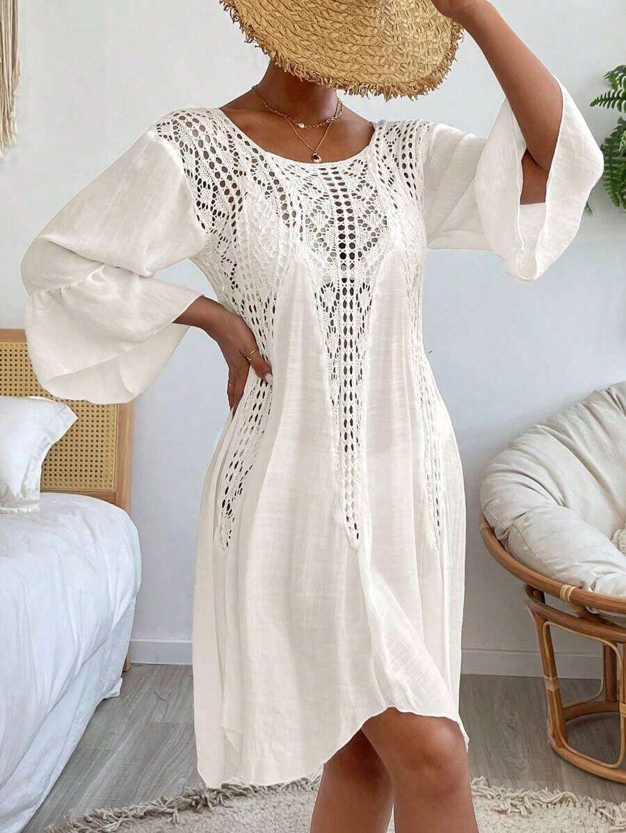 Swim Vcay Vestido cover up de croché en contraste de manga con volante - Blanco - Ver 1
