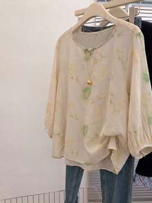 Regalo para mamá Blusa floral de verano, elegante blusa holgada de manga corta para vacaciones, uso diario y reuniones familiares - Verde - Ver 4