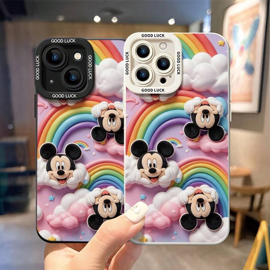 This Protective Phone Case Features Repeated Plush‑Textured Mickey Mouse Heads In Playful Poses, Set Against A Pastel Gradient Background Decorated With Multi‑Colored Rainbows, Fluffy White Clouds And Shining Star Accents. Made With Flexible, Durable TPU Material To Shield Against Daily Scratches, Bumps And Minor Impacts, Compatible With IPhone 17, 16, 15, 14, 13, 12, 11 Pro Series And Galaxy S22, S23, S24, S25 Models, Perfect For Disney Mickey Mouse Fans. - màu đen - Xem 1
