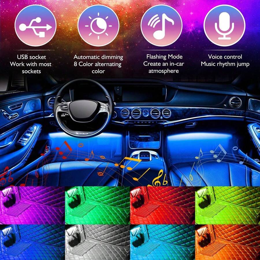 YAIUZGOO RGB Car Interior LED Light Strip With Remote Control, Music Sync Function, Multi-Color Atmosphere Lights, Suitable For Car, SUV And Truck Decoration, Plug And Play