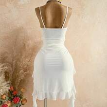 Nana's Women's Clothing Store  Vestido midi de mujer de vacaciones informal de unicolor con tirantes de espagueti y bajo asimétrico retorcido - Blanco - Ver 3