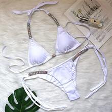 New Solid Color Sexy Strappy Swimsuit With Luxurious Rhinestones, 2026 New Bikini - White - View 4