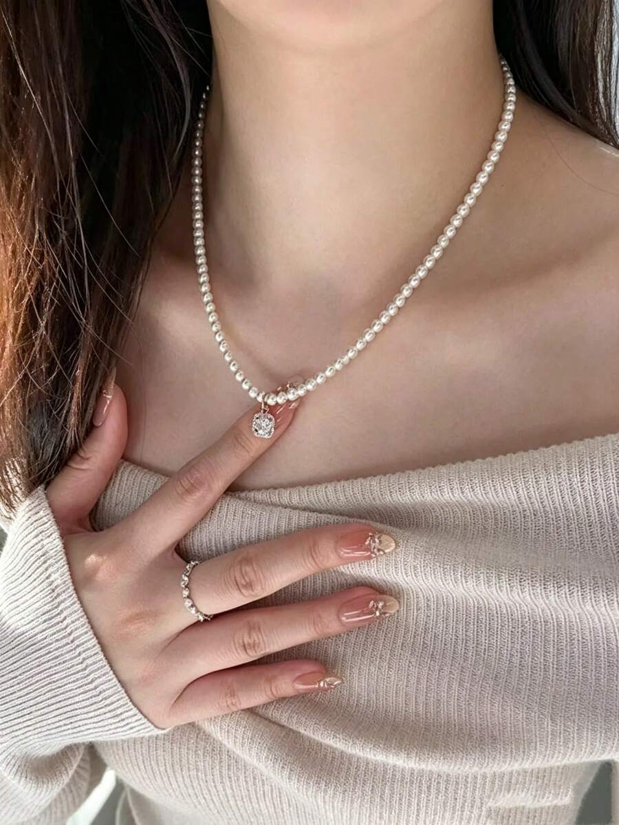 1pc French Elegant Gentle Elegant Versatile Minimalist Niche High-End Faux Pearl Choker Necklace, Suitable For Women's Daily, Date, Wedding, Holiday, Party Wear - Chain Imitation Pearls - View 1