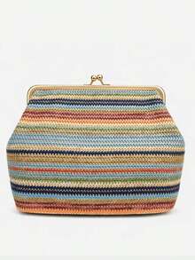Fashion Large Striped Clip Shell Shoulder Bag For Women Designer PP Straw Handbags Luxury Casual Summer Beach Woven Clutch Bags For Vacation - 豐富多彩的 - 查看 5