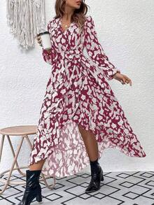 xheBreezaya Vestido largo estampado con mangas de farol, bajo con volantes y cinturón para mujerxhe - Rosa Fucsia - Ver 7