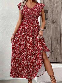 Vestido estilo bohemio con estampado para mujer, mangas cortas con volantes, cuello en V, diseño de cintura ceñida - Rojo - Ver 1