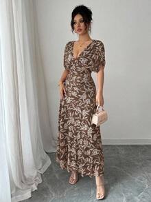 xheElenzga Vestido maxi elegante de estilo francés con cuello en V, hombros caídos, fruncido y línea A, adecuado para la playa, el té de la tarde y fiestasxhe - Marrón Chocolate - Ver 6