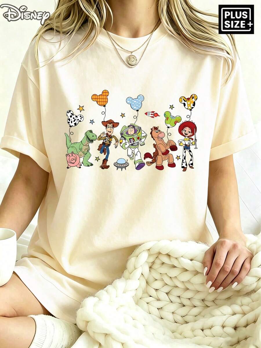 [Disney Official Authorization] Women's Casual Short Sleeve Round Neck Graphic Tee Top, Stylish Knitted Fabric T-Shirt With Print For Everyday Wear Disney Land Outfit Toy Story Characters And Mickey Balloon Print Short Sleeve T-Shirt, Cartoon Loose Fit Versatile Couple And Family Matching Round Neck Short Sleeve T-Shirt Top.This Item Features A Loose Fit; If You Prefer A Slim Fit, We Recommend Ordering One Size Down. - Apricot - View 1
