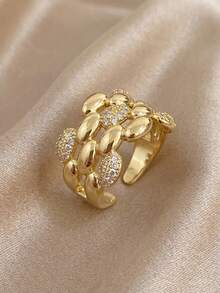 18K Gold Plated Chain Circle Zirconia Stackable Ring Set, Fade-Resistant Adjustable Wide Band Rings, Elegant Women's Daily Jewelry - Multicolor B - View 8