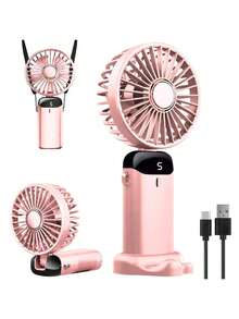 1 pieza Mini ventilador portátil y plegable recargable con pantalla digital, 5 niveles de velocidad, 5 aspas, funcionamiento silencioso - Morado - Ver 2