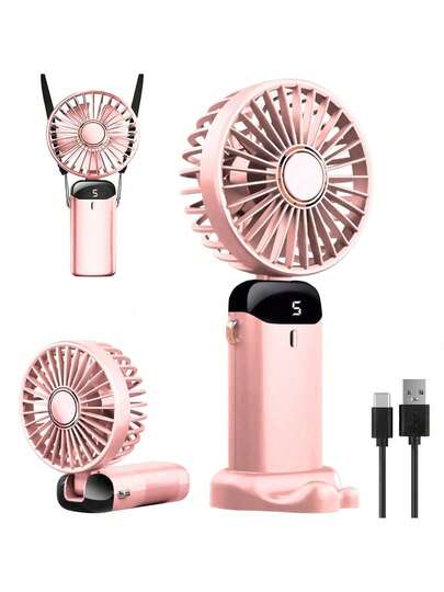 1pc Rechargeable Digital Display Mini Portable Foldable Desk/Handheld USB Fan, 5 Speed Levels, 5 Blades, Quiet Operation
