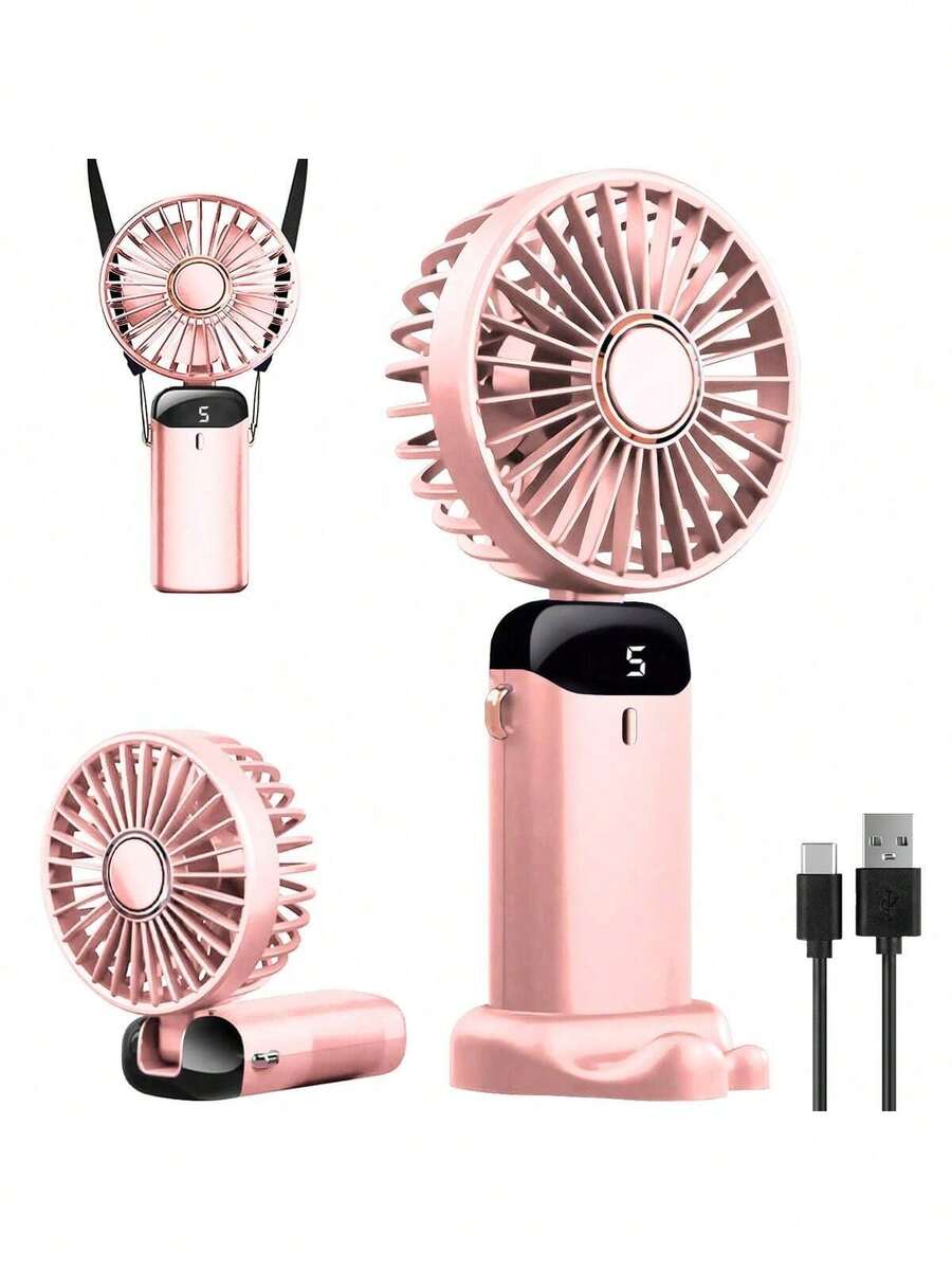 1 pieza Mini ventilador portátil y plegable recargable con pantalla digital, 5 niveles de velocidad, 5 aspas, funcionamiento silencioso