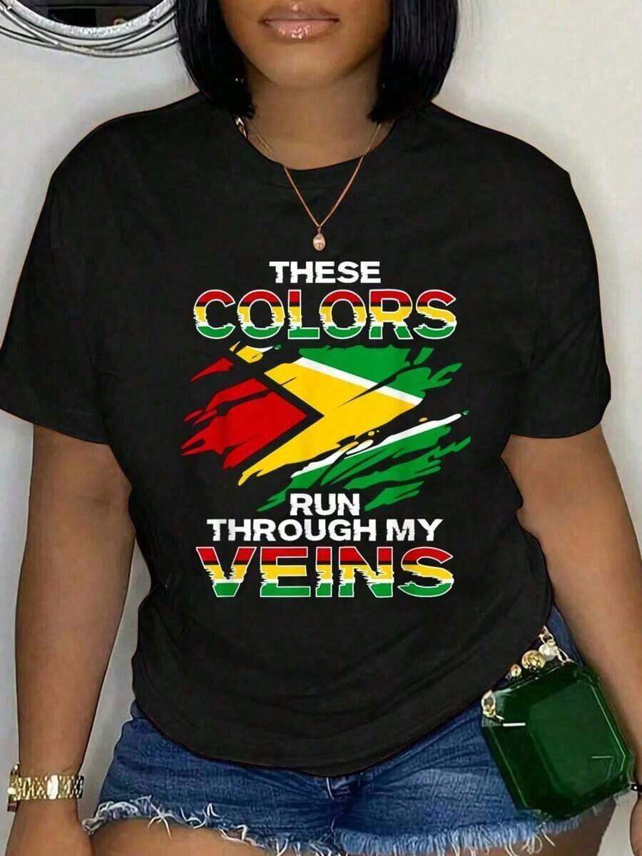 2026 Summer Cotton T-Shirt With Guyana Flag Design For Proud Guyanese Men, Unisex, Classic, Comfortable, Crew Neck Plus Size T-Shirt, Loose Fit And Comfortable - 黑色 - 查看 1