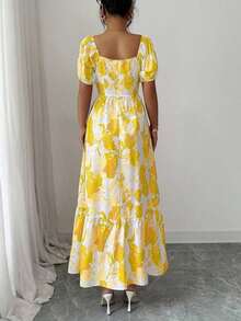 Women's Dress With Petal Sleeve Design, Square Neck And Fitted Waist With Print - 黃色 - 查看 2