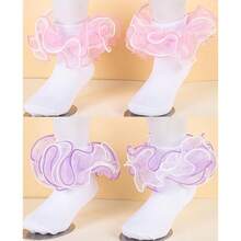 NEW-   Women Big Ruffle Ankle Socks,Double Lace Turn Cuff Lightweight Cotton Frilly Dress Cute Girl Sock With Ruffles,#W101 - Mixed Color 013 - View 7