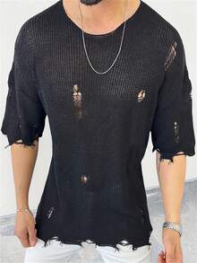 YONGC Men's Loose Ripped Crew Neck Short Sleeve Knit Top, Men's Summer Vacation Wear, Lightweight Hollow-Out Solid Color Vintage Frayed Hem Street Style - Black - View 1