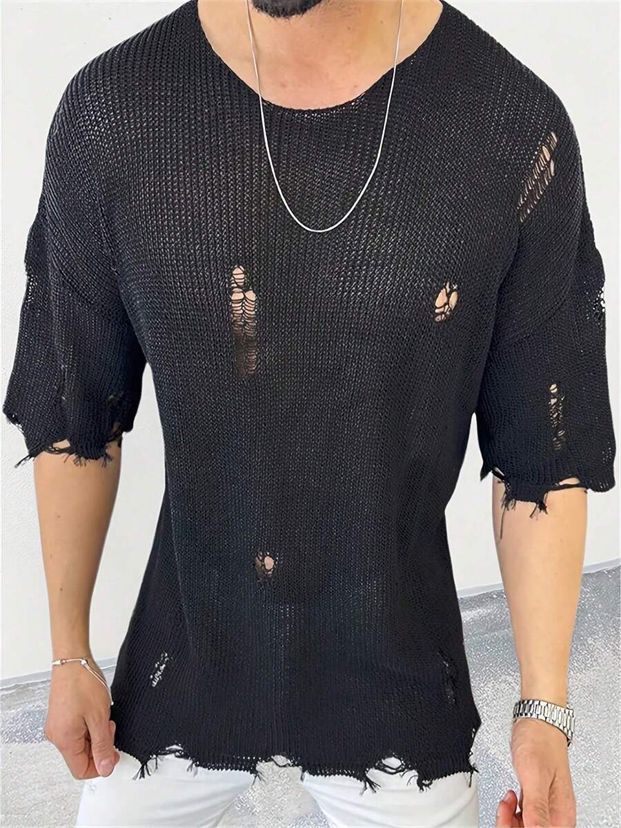 YONGC Men's Loose Ripped Crew Neck Short Sleeve Knit Top, Men's Summer Vacation Wear, Lightweight Hollow-Out Solid Color Vintage Frayed Hem Street Style - Black - View 1