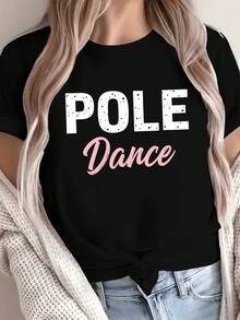 1 pieza de  playera para hombre y mujer, 100% algodón puro, cuello redondo casual con estampado, manga corta transpirable para uso diario, con el logotipo POLEDANCE en color rosa y blanco playera - Negro - Ver 1