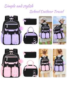 BXboat 3pcs/Set Teenage Girls Backpack With Lunch Box Bag And Pencil Case, Large Capacity Multi-Pocket Bookbag With Tablet/Laptop Compartment, Student Outdoor Camping Travel Backpack With Luggage Strap, Fashion School Backpack For Students - 3-piece Set - View 8