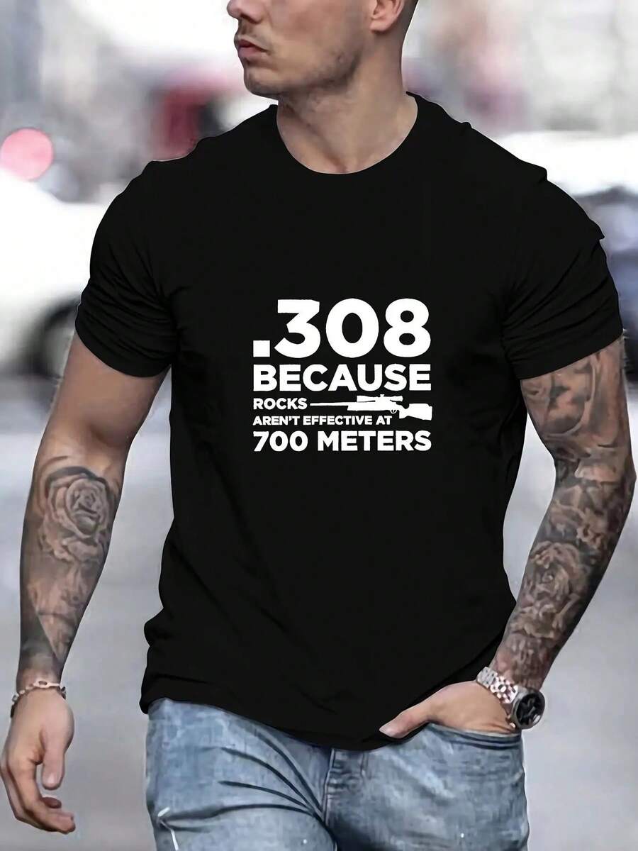 Camiseta de hombre con diseño divertido de deportes de tiro| Diseño "308 Porque 308 Porque las rocas no discuten y 700m de alcance efectivo" - Azul marino, manga corta, estilo deportivo casual, tela elástica, cuello redondo, perfecto para entusiastas de la caza y los disparos al aire libre. - Verde militar - Ver 1