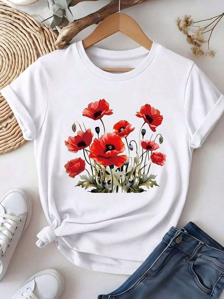 Women's Fashion Printed Casual T-Shirt, Sizes 0-8XL, Base Layer For Everyday Wear, Unique Style, Suitable For All Seasons, Comfortable Fit, Women's Short Sleeve Casual T-Shirt, Navy Blue With Red Poppy And Green Leaf - 白色 - 查看 1