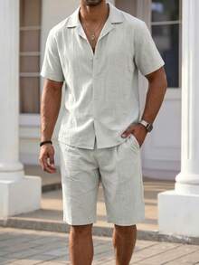 Conjunto de estilo vacacional con textura de lino, camisa de cuello cubano y pantalones cortos sueltos, conjunto de dos piezas - Gris Claro - Ver 2