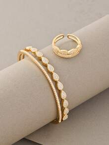 Gold Bangle Set, Versatile Textured White Gold Copper Inlaid With Zirconia, Suitable For Daily Wear, Gatherings, Dates, Parties, Gifts - Gold - View 4