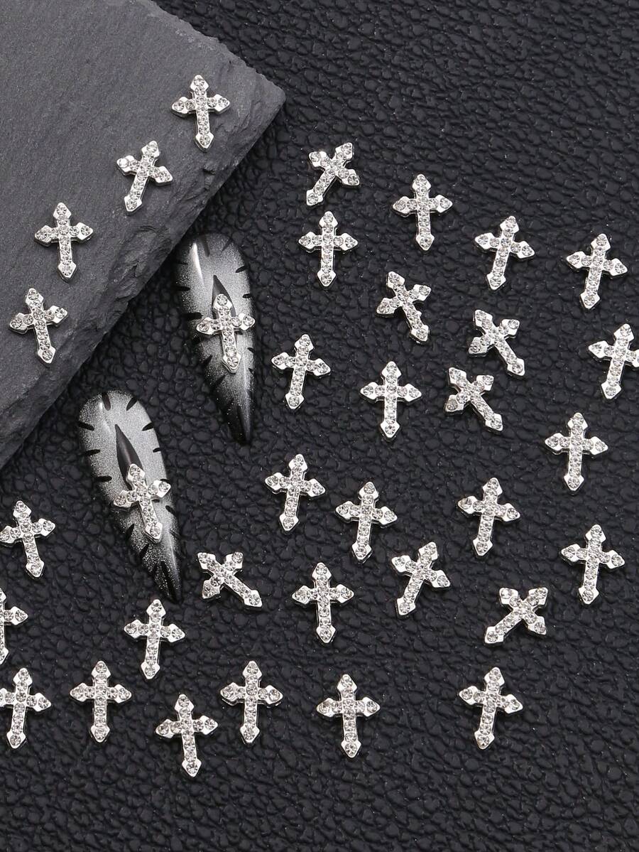 10/20/50pcs/Pack Cross Decor, 3D Nail Art Decorations, Rhinestone & Decals, Nail Art Accessories Rhinestone Nail Stickers, Metal Alloy Crystal Nail Studs, DIY Jewelry Craft Supplies (For Women And Girls Nails) - Multicolor - View 1