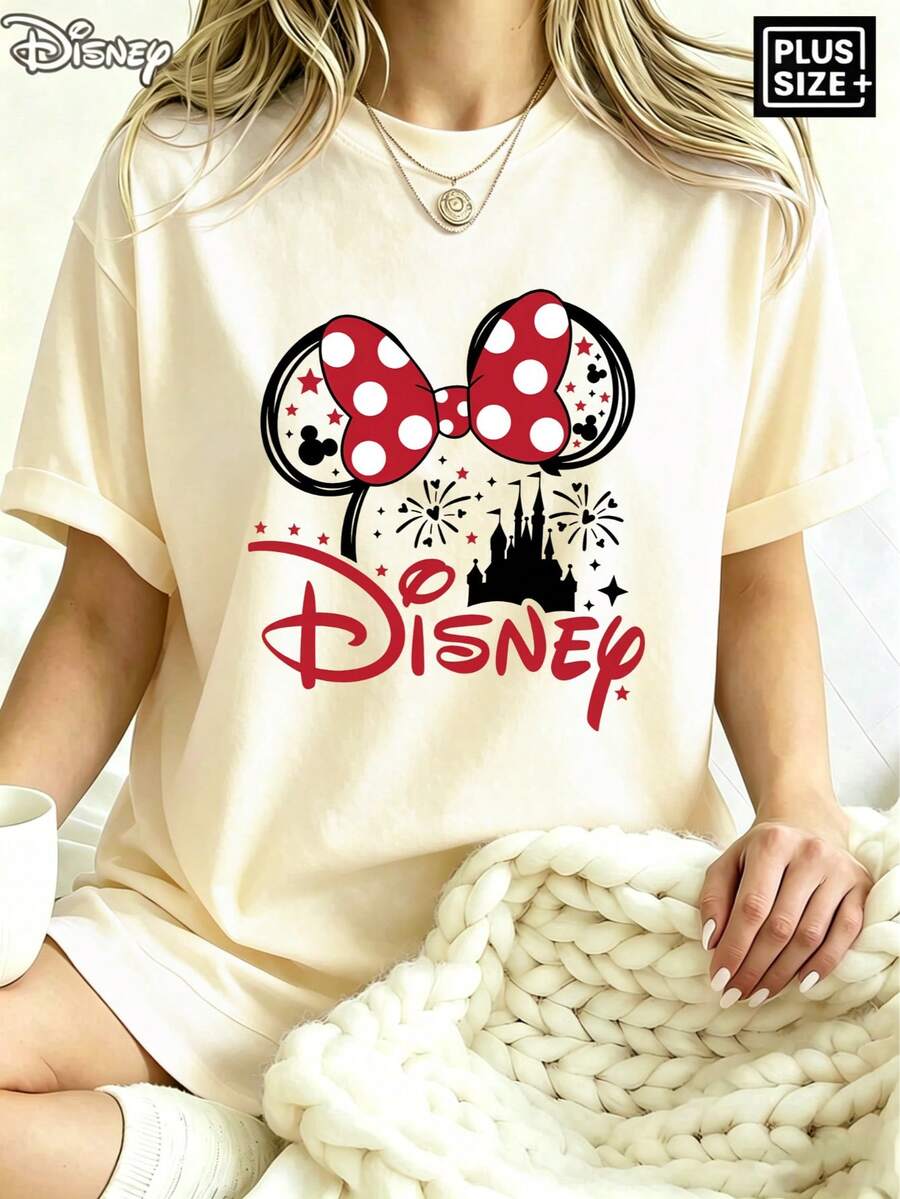 [Disney Official Authorization] Disney Authentic, Licensed, New Women's Casual Ribbed Crew Neck Short-Sleeved T-Shirt With Minnie Mouse Ears Print. Versatile And Retro Style, Suitable For Spring, Summer, And Autumn. Available In Sizes XS-XXL.Made From Soft, Comfortable, And Durable Pure Cotton, This Is An Ideal Choice For Spring And Summer. This Crew Neck T-Shirt Is Suitable For Various Occasions, Including Everyday Wear, Shopping, Parties, Travel, And Gatherings, And Also Makes A Thoughtful Gift.This Item Features A Loose Fit; If You Prefer A Slim Fit, We Recommend Ordering One Size Down. - Màu be - Xem 1