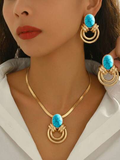Set de 2 piezas de nuevo collar y aretes de joyería de estilo bohemio de verano para mujeres, cadena plana de serpiente dorada de moda, collar con colgante geométrico ovalado de turquesa falsa agrietada y doble círculo hueco, accesorio elegante y chic para uso diario, vacaciones y fiestas
