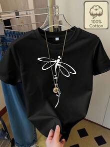 Oda monocromática a la elegancia de la naturaleza, talla estándar, camiseta casual de mujer para el hogar, estampada, cuello redondo, manga corta pura - Negro - Ver 1