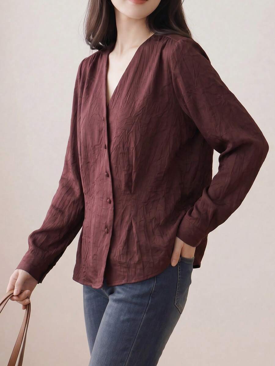 JIANHU 女士单排扣长袖休闲纯色衬衫 - 紅色 - 查看 1