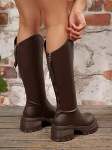 Women's Back Zipper Thick Sole Knee-High Boots Fashion High-End Autumn/Winter Style Premium Fabric Riding Boots Knee-High Boots Women's Boots - Coffee Brown - View 7