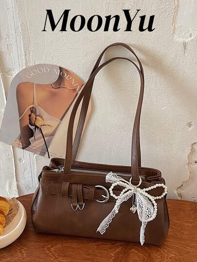 Bolso de hombro para mujer, cierre de hebilla de moda, elegante bolso de capacidad grande tipo baguette con decoración de lazo y perlas, color marrón