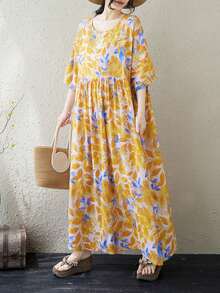Summer 2026 Striped Dress, Women's Bohemian Casual Beach Vacation Dress. This Loose-Fitting A-Line Dress Features A Round Neck And Batwing Sleeves. - 黃色 - 查看 2