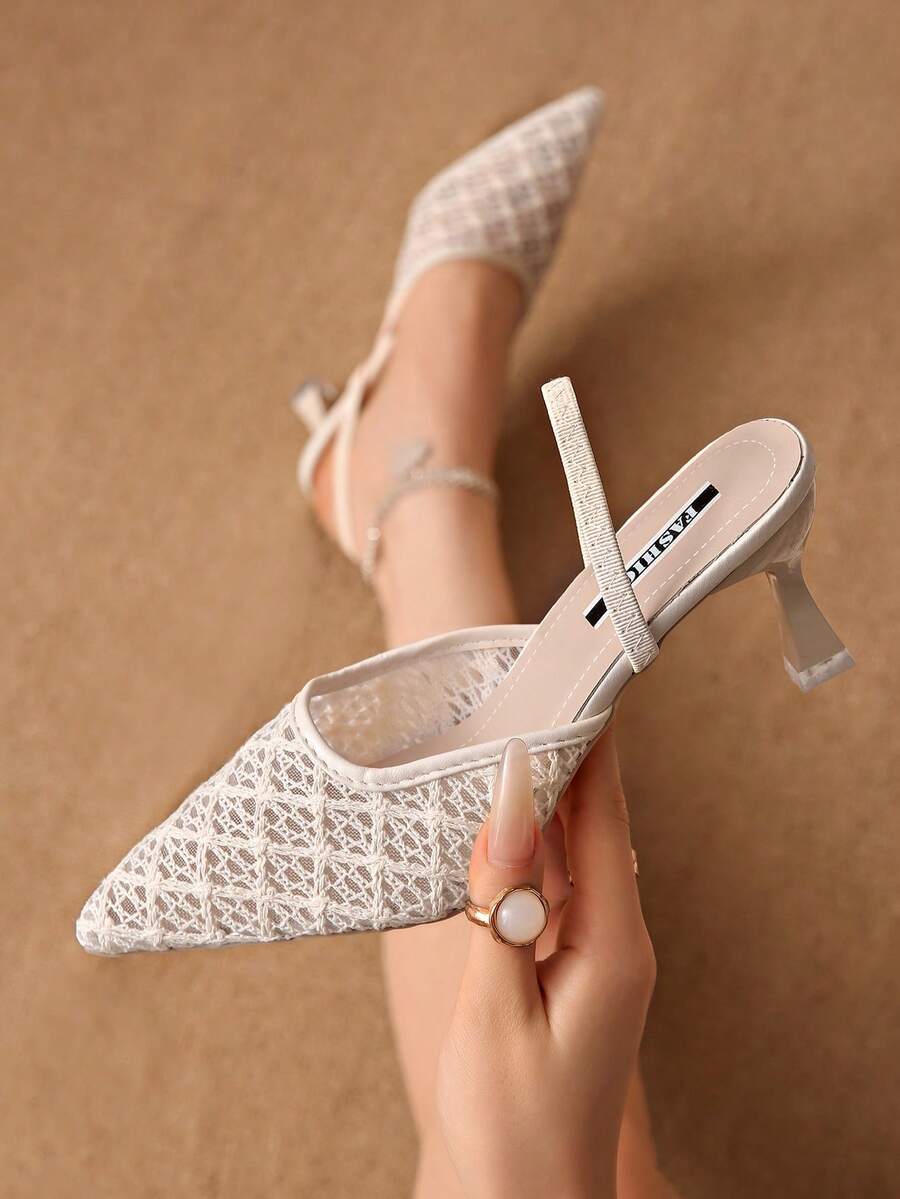New Chinese Style White High Heel Mules, Pointed Toe Lace Embroidery Convertible Sandals For Women - Beige - View 1