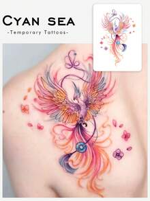1 Tattoo Sticker, Colorful Gradient Phoenix With Floating Flowers In A Traditional Chinese Style, Beautiful Tattoo Pattern, Temporary Tattoo Sticker, Washable PVC, Disposable, Waterproof And Sweatproof, Can Be Applied On Palms, Arms, Waist, Abdomen, Back, Legs, Non-Reflective, Realistic Tattoo Design, Suitable For Travel, Music Festivals, Gaming, Graduation Gifts, Daily Use, Lasts 3-5 Days - 彩色 - 查看 1