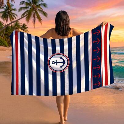 1pc Nautical Anchor & Striped Print Beach Towel, Suitable For Travel, Outdoor Camping, Beach, Swimming, Beach Vacation