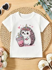 Soft, Casual Short-Sleeved, Round-Neck T-Shirt For Girls With A Hedgehog Print, Ideal For Spring And Summer. White - White - View 3