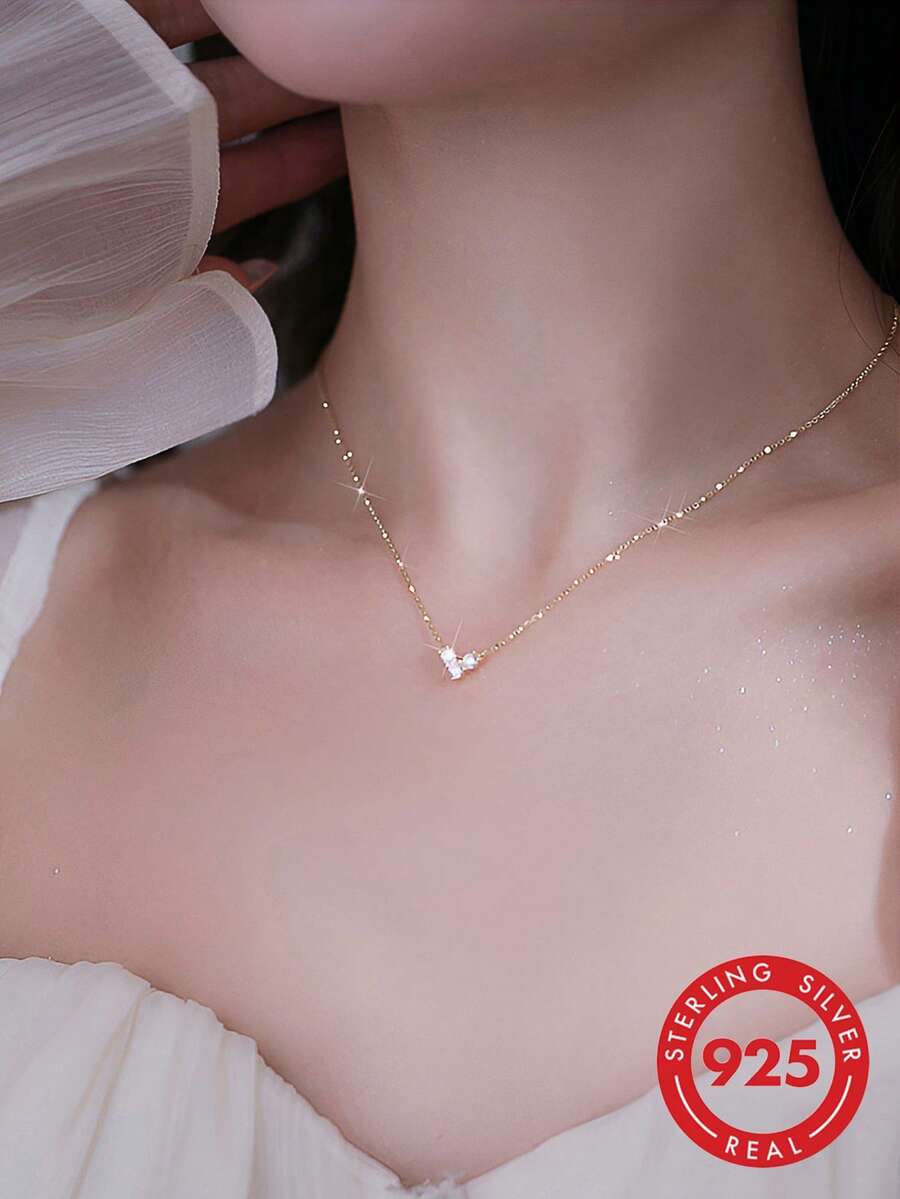 ELSEDES 1pc Exquisite Cubic Zirconia Heart Charm Sterling Silver Necklace For Women For Daily Decoration Valentines - Gold - View 1