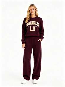 "Los Angeles" Sweatshirt And Pants Set - Casual & Comfortable - 酒紅色 - 查看 1