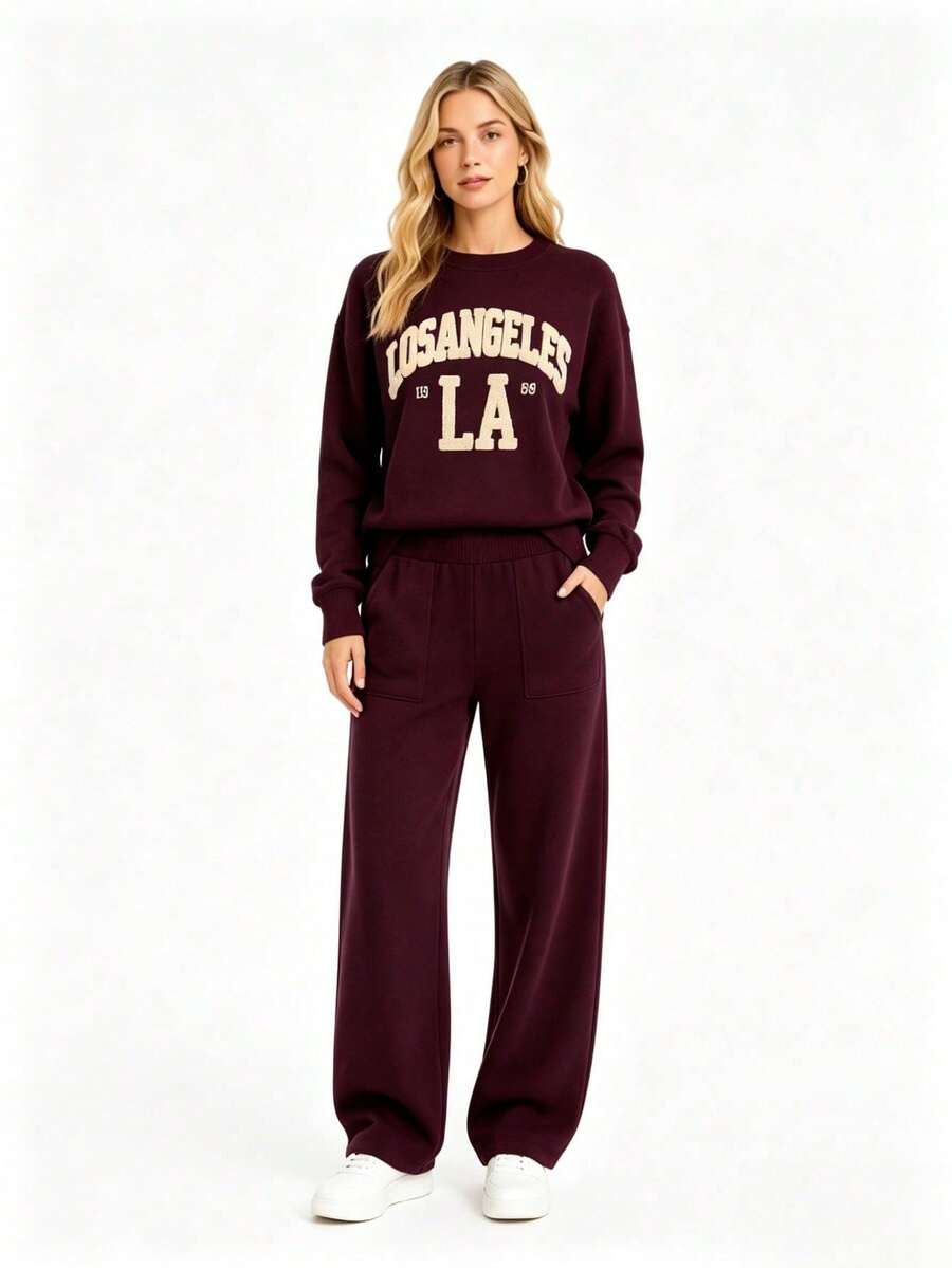 "Los Angeles" Sweatshirt And Pants Set - Casual & Comfortable - 酒紅色 - 查看 1