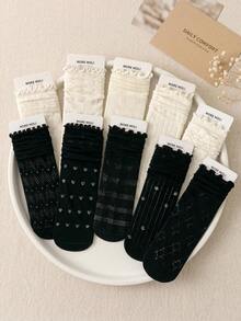 10 Pairs/5 Pairs/Random 1 Pair Women's Mid-Calf Socks, Ruffle Edge Slouch Socks, Japanese School Style Socks - Multicolor - View 6