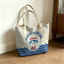 Miniso Túi tote vải canvas in hình Luffy chibi dễ thương từ One Piece với chữ "ONE PIECE" và họa tiết sóng biển, màu be, thích hợp sử dụng hàng ngày. - trắng - Xem 5