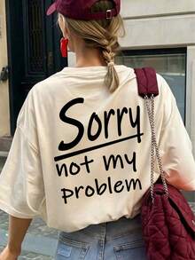 女款夏季 Sorry Not My Problem 紅色字母背印寬鬆 T-shirt，Y2K 口號寬鬆上衣，適合街頭逛街、派對、約會休閒穿搭 - 杏色 - 查看 2
