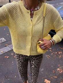 Vive para el verano Cárdigan de punto hueco amarillo, elegante y casual de manga larga para mujer, adecuado para la playa, vacaciones y uso diario - Amarillo - Ver 7