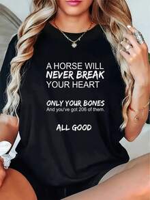 Funny T-Shirt For Women With Horse Bone Print - "Horses Never Get Sad, They Just Break Your Bones," Short-Sleeved Crew Neck T-Shirt Printed With 206 Bone Designs, A Casual Couple's T-Shirt For Spring And Summer. - 黑色 - 查看 1