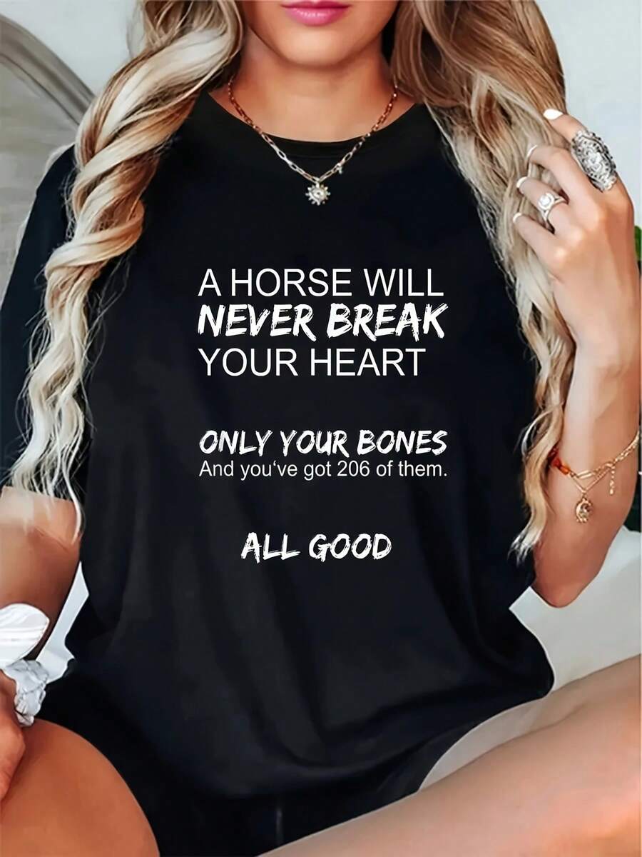 Funny T-Shirt For Women With Horse Bone Print - "Horses Never Get Sad, They Just Break Your Bones," Short-Sleeved Crew Neck T-Shirt Printed With 206 Bone Designs, A Casual Couple's T-Shirt For Spring And Summer. - 黑色 - 查看 1