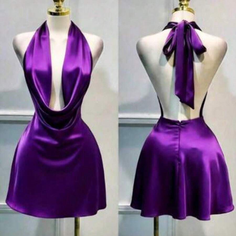 1 pieza Vestido corto de satén de unicolor y espalda descubierta, vestido de playa, vestido mini elegante para mujer, vestido casual elegante, vestido fluido, vestido corto de verano - Morado - Ver 1